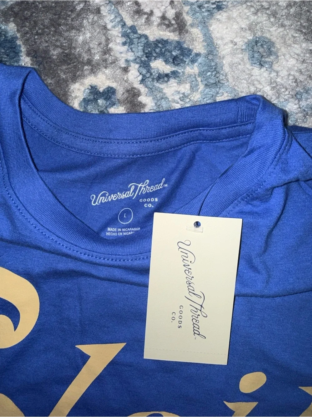 Universal Thread Blue Tee with Yellow 'Le Soleil' Script
